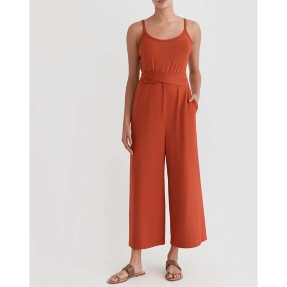 CUYANA V-Back Belted Wide Leg Jumpsuit in Paprika Pima Cotton